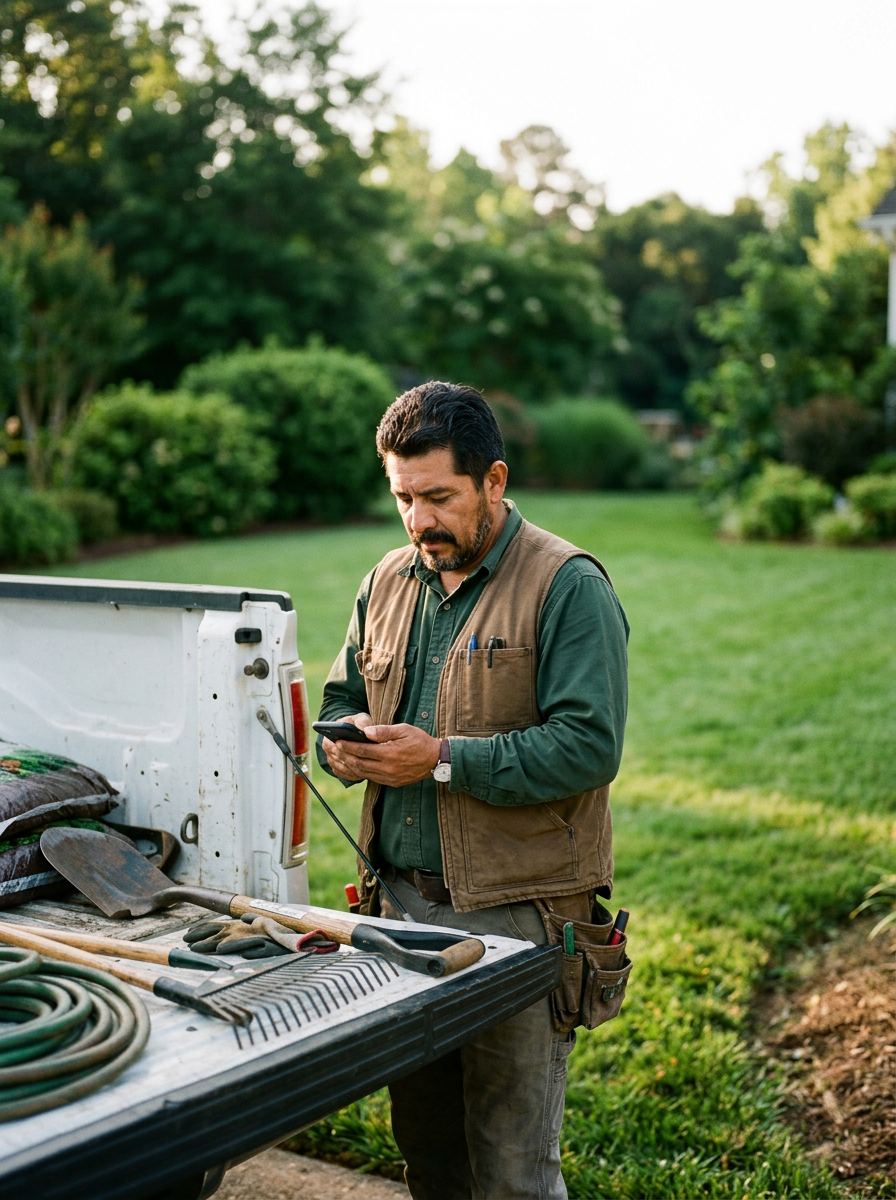 Generated image: a grounds maintenance owner checking his phone beside a work truck