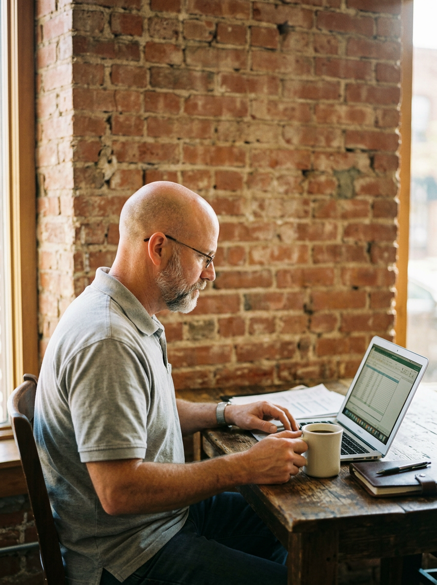 Generated image: an HVAC and repair firm owner reading a laptop with a coffee